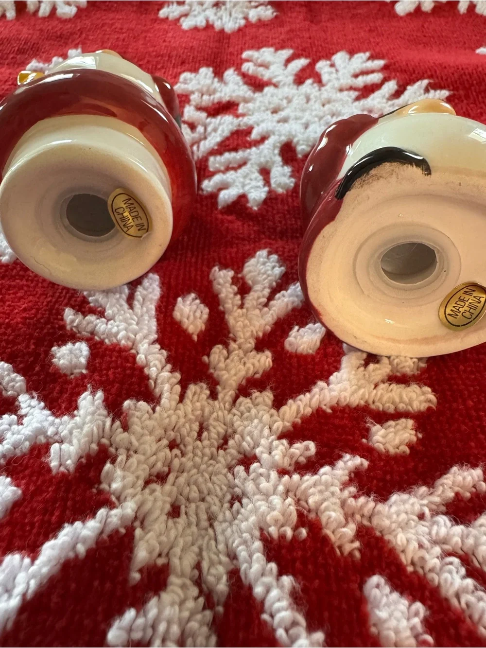 Salt & Pepper Shakers - Holiday Gnome Ceramic Figurines - Red & Green Set
